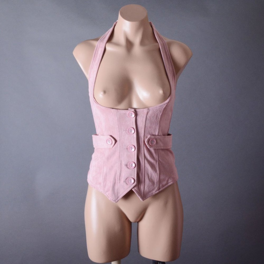 Pink Faux Suede Underbust Waistcoat Steampunk Vest Fitted Goth Womens Corset Top - Picture 2 of 7